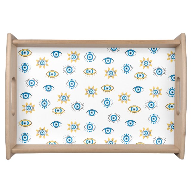 Blue, Gold & White Greek Eye Mati Pattern Serving Tray (Front)