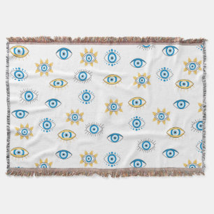 Blue, Gold & White Greek Eye Mati Pattern Throw Blanket