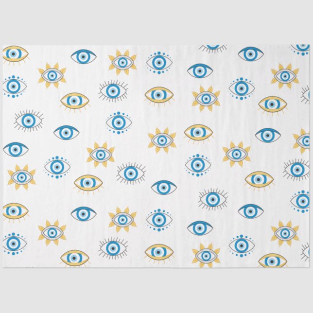 Blue, Gold & White Greek Eye Mati Pattern Tissue Paper (Front)