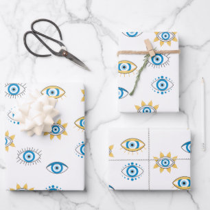Blue, Gold & White Greek Eye Mati Pattern Wrapping Paper Sheets