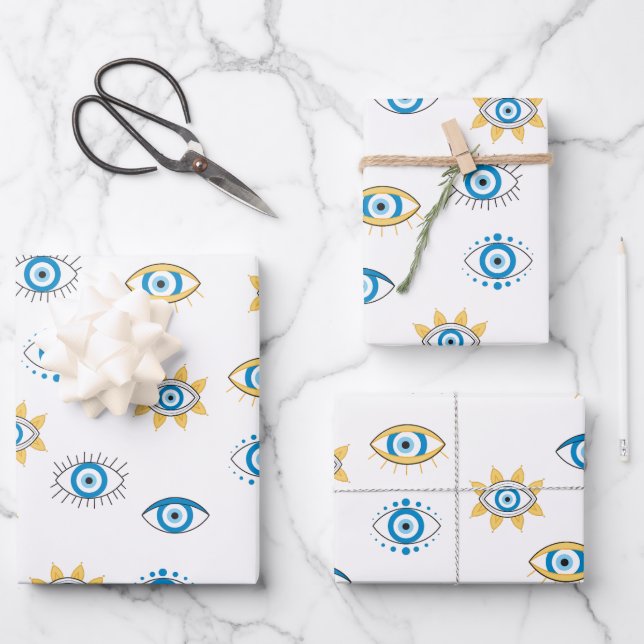 Blue, Gold & White Greek Eye Mati Pattern Wrapping Paper Sheets (Front)