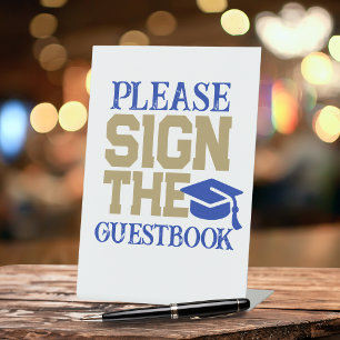 Blue, Gold & White Guestbook Graduation Table Pedestal Sign