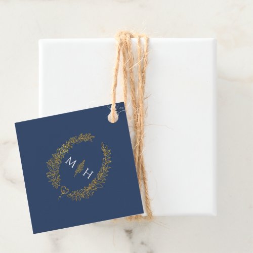 Blue gold white leaf oval wreath art wedding favor tags