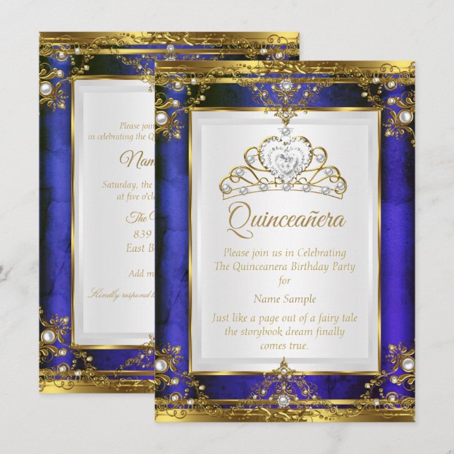 Blue Gold White Pearl Princess Quinceanera Invitation (Front/Back)