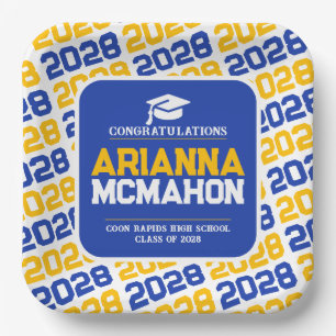 Blue, Gold & White Personalized Graduation Pape Paper Plates