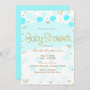 Blue Gold White Polka Dots & Hearts Baby Shower Invitation