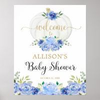 Blue gold white pumpkin baby shower welcome sign