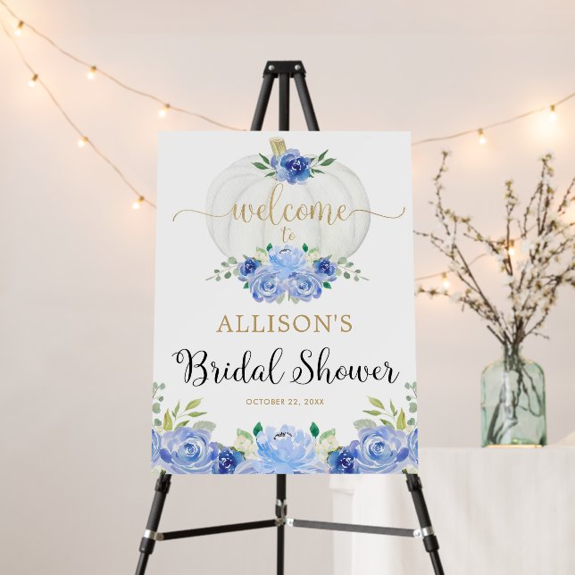 Blue gold white pumpkin bridal shower welcome sign (In Situ (Stand))