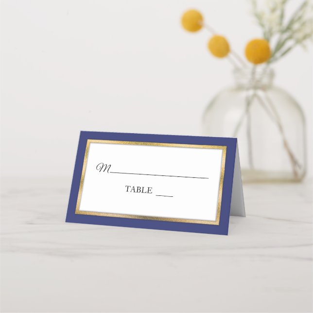 Blue | Gold | White Simple Elegant Place Cards (Front)