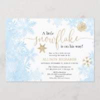 Blue gold white snowflake winter boy baby shower invitation