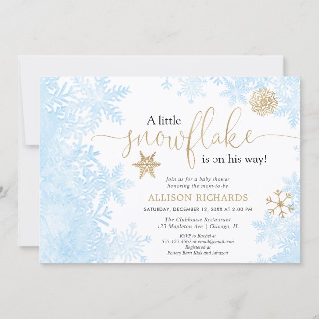 Blue gold white snowflake winter boy baby shower invitation (Front)