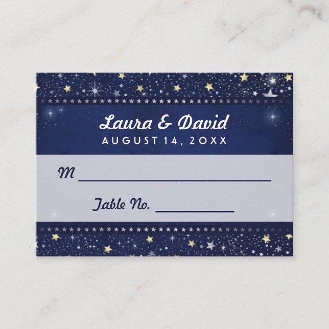 Blue Gold & White Stars Wedding Seating Cards (Front)