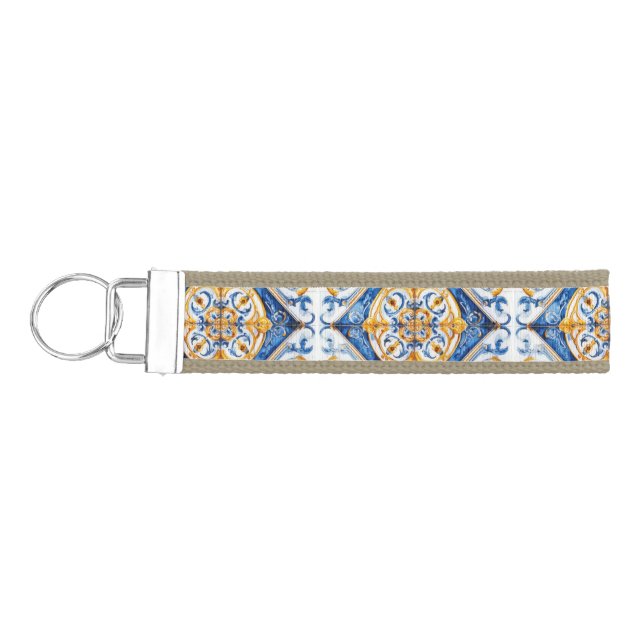 Blue Gold White Talavera Azulejo look Keychain (Keys on Left)