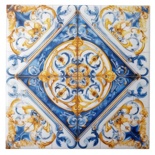 Blue Gold  White Talavera Azulejo Look Tile
