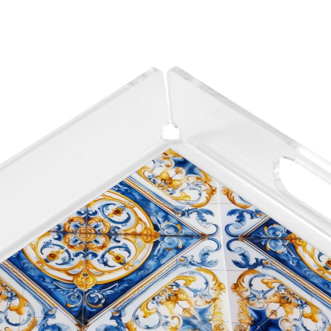 Blue Gold & White Talavera Azulejo Look Tile Acrylic Tray (Corner)