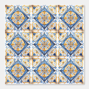 Blue Gold & White Talavera Azulejo Look Tile Wallpaper
