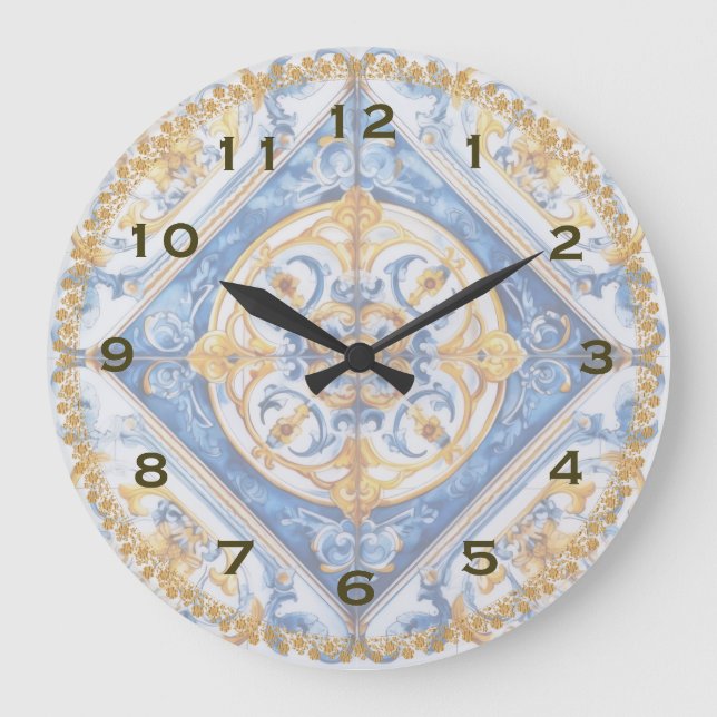 Blue Gold white Talavera Azulejo look Wall Clock (Front)