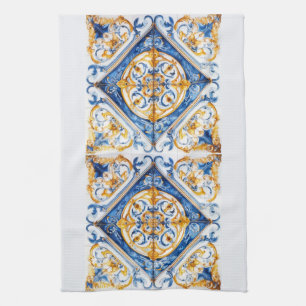 Blue Gold & White Talavera Azulejo Tile Look Kitchen Towel