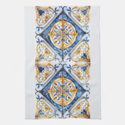 Blue Gold  White Talavera Azulejo Tile Look Kitchen Towel