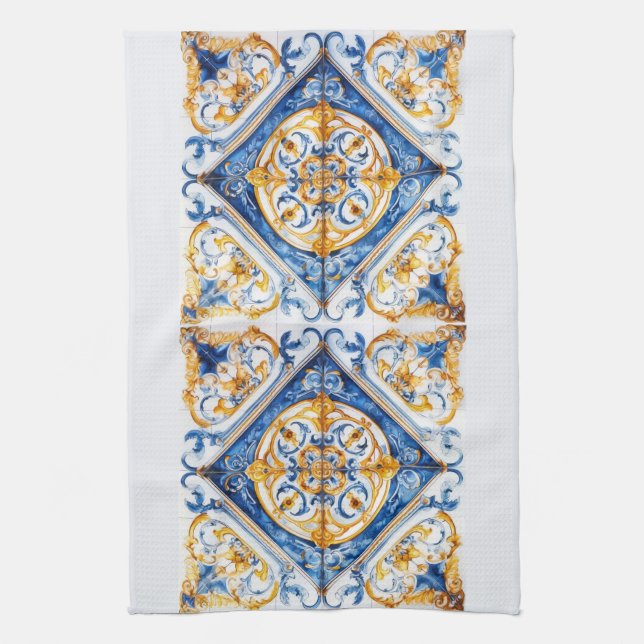 Blue Gold & White Talavera Azulejo Tile Look Kitchen Towel (Vertical)