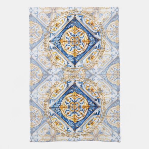 Blue Gold  White Talavera Azulejo Tile Look Kitchen Towel