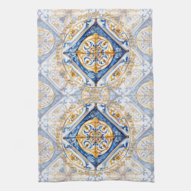 Blue Gold & White Talavera Azulejo Tile Look Kitchen Towel (Vertical)