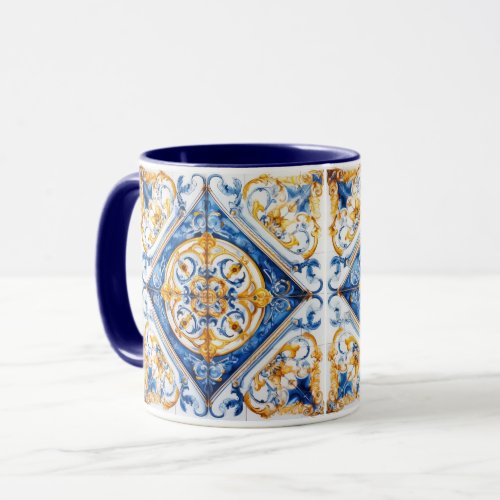 Blue Gold  White Talavera Azulejo Tile Look Mug