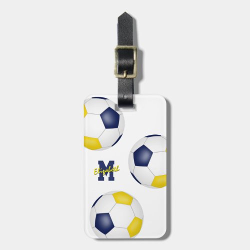blue gold white team colors girls boys soccer luggage tag