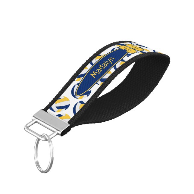 blue gold white volleyballs athlete name wrist keychain (Angled Down)