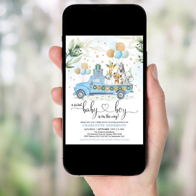 Blue Gold Wild Jungle Animal Sweet Baby Boy Shower Invitation (Front Digital)