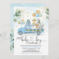 Blue Gold Wild Jungle Animal Sweet Baby Boy Shower Invitation