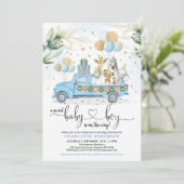 Blue Gold Wild Jungle Animal Sweet Baby Boy Shower Invitation (Standing Front)