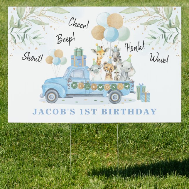 Blue Gold Wild One Safari Animals Birthday Yard Sign (Insitu)