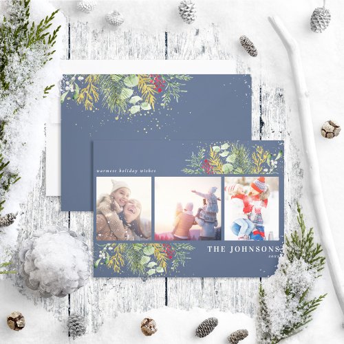 Blue Gold Winter Botanical Greenery Berries Photo Holiday Card