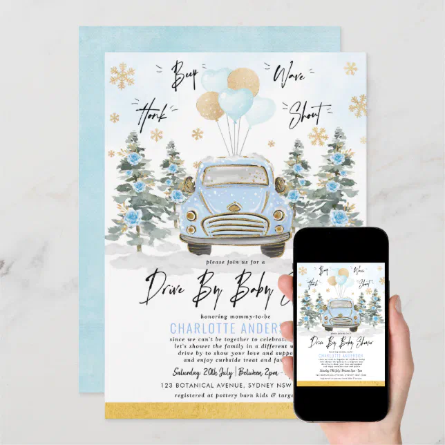 Blue Gold Winter Drive Thru Baby Boy Shower Invitation Zazzle