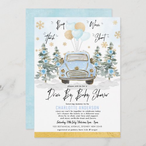 Blue Gold Winter Drive Thru Baby Boy Shower Invitation