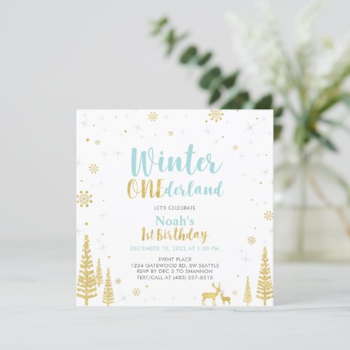 Blue  Gold Winter Onederland 1st First Birthday Invitation