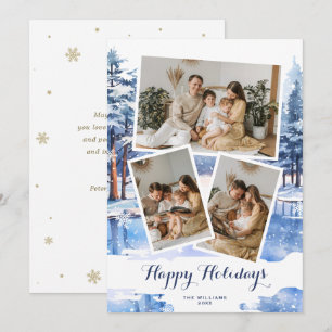 Blue Gold Winter Scenery Forest Lake Photo Holiday Card