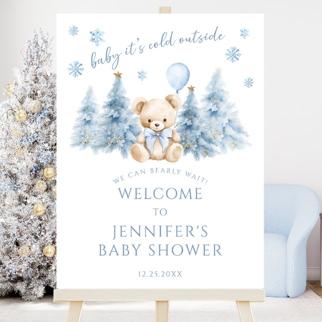 Blue Gold Winter Teddy Bear Baby Shower Welcome  Foam Board (Creator Uploaded)