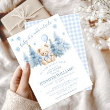 Blue Gold Winter Trees Teddy Bear Baby Boy Shower