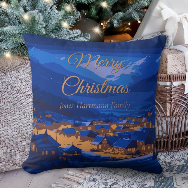 Blue Gold Winter Village Family Christmas  Throw Pillow (Creator Uploaded)