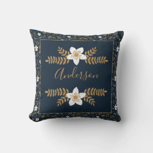 Blue Gold Winter White Floral with Name Throw Pillow