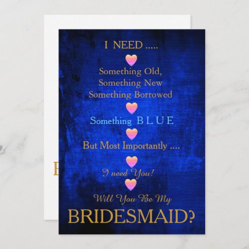 Blue  Gold with Heart Will You Be my Bridesmaid I Invitation