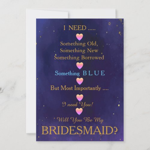 Blue  Gold with Heart Will You Be my Bridesmaid I Invitation