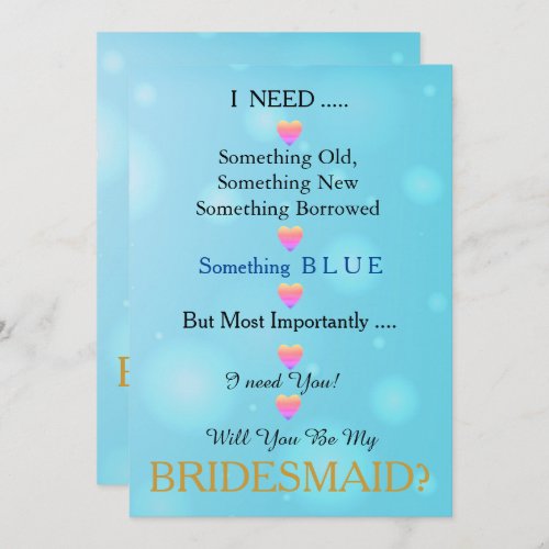 Blue  Gold with Heart Will You Be my Bridesmaid Invitation