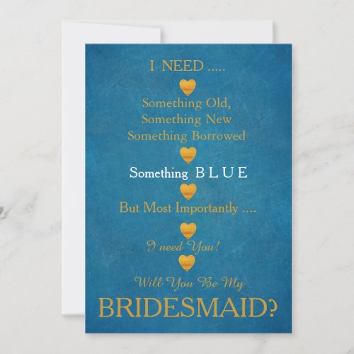 Blue  Gold with Heart Will You Be my Bridesmaid Invitation