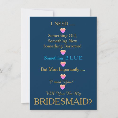 Blue  Gold with Heart Will You Be my Bridesmaid Invitation