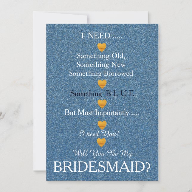 Blue & Gold with Heart Will You Be my Bridesmaid Invitation (Front)