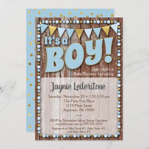 Blue Gold Wood Its A Boy Baby Shower Invitation