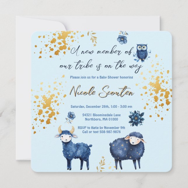 Blue Gold Woodland Baby Shower Save The Date (Front)